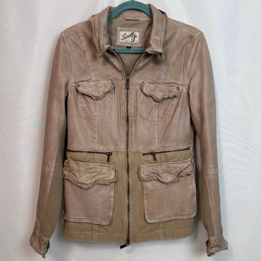 Scully Womens Leather Canvas Utility Field Jacket Size L Stone Tan Safaricore